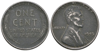США 1 цент 1943 Авраам Линкольн KM 132 a сталь покрытая цинком 214-837