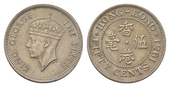 Гонконг 50 центов 1951 Георг VI (1936-1952), год-тип KM 27 медно-никель 4624-1034
