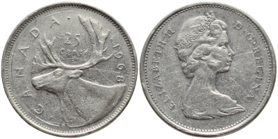 Канада 25 центов 1968 Елизавета II (1952-2022), олень KM 62 b никель 176-1113
