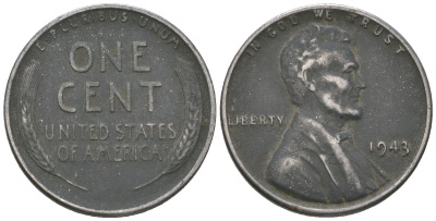 США 1 цент 1943 Авраам Линкольн KM 132 a сталь покрытая цинком 214-837