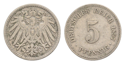 Германия 5 пфеннигов 1897 A, Вильгельм II (1888-1918) KM 11, J. 12 медно-никель 4639-1262