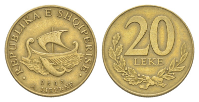 Албания 20 леков 2000 KM 78 алюминиевая бронза 4529-346