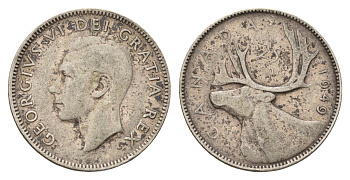 Канада 25 центов 1949 Георг VI (1936-1952), олень KM 44 серебро 181-327