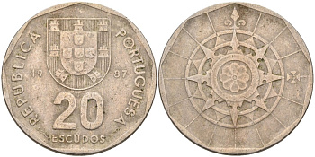 Португалия 20 эскудо 1987 KM 634 медно-никель 4572-1046