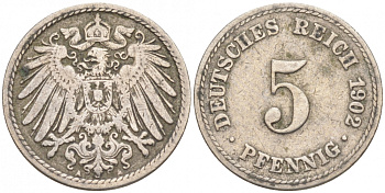 ГЕРМАНИЯ 5 ПФЕННИГОВ 1902 A, KM 11, J. 12 медно-никель 73-1565