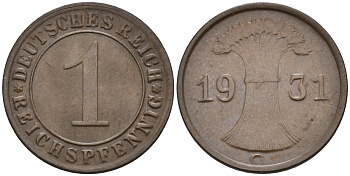 Германия 1 рейхспфенниг 1931 G KM 37, J.313, Weege 2 медь 4585-626