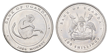 Уганда 100 шиллингов 2004 Обезьяны KM 134 сталь UNC 202-123