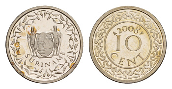 Суринам 10 центов 2008 тираж 1000 экземпляров KM 13a медно-никель BU 4649-1018