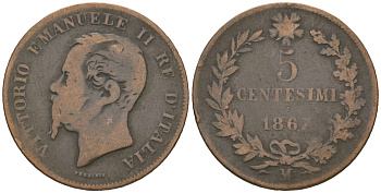 Италия 5 чентезимо 1867 M, Виктор Эммануил II (1861-1878) KM 3.2 бронза 113-242