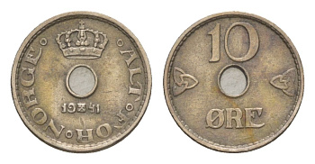 Норвегия 10 эре 1941 Хокон VII (1905-1957) KM 383 медно-никель 4632-1128