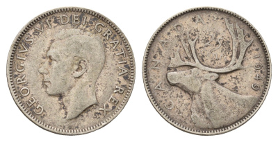 Канада 25 центов 1949 Георг VI (1936-1952), олень KM 44 серебро 181-327