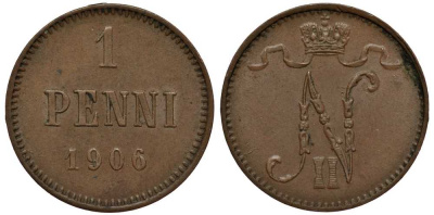 РОССИЯ ДЛЯ ФИНЛЯНДИИ 1 ПЕННИ 1906 НИКОЛАЙ II Биткин 467 медь 3309-827