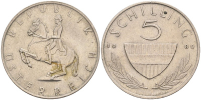 Австрия 5 шиллингов 1980 KM 2889а медно-никель 4126-343