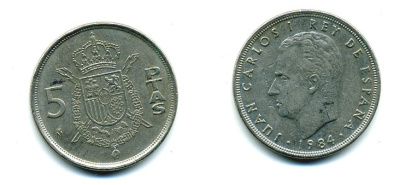 ИСПАНИЯ 5 ПЕСЕТ 1984 ХУАН КАРЛОС I (1975-) KM 823 медно-никель 51-4542