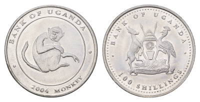 Уганда 100 шиллингов 2004 Обезьяны KM 134 сталь UNC 202-123