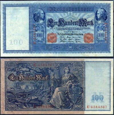 Германия 100 марок 1910 21 апреля 1910, красная серия Pick 42 бумага 000-00-00