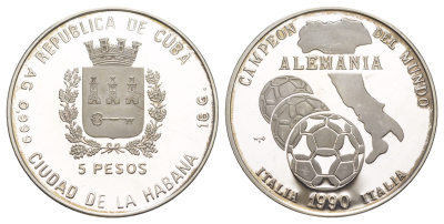 Куба 5 песо 1990 Чемпионат мира по футболу 1990, Италия, Герб Гаваны KM 290 серебро PROOF 603-512