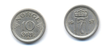 НОРВЕГИЯ 10 ЭРЕ 1957 KM 396 медно-никель 51-5215