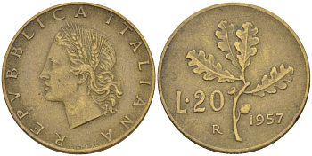 ИТАЛИЯ 20 ЛИР 1957 R, ДУБОВЫЙ ЛИСТ KM 97.1 алюминиевая бронза 113-1242