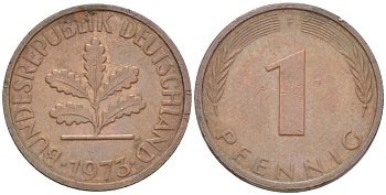 ФРГ 1 ПФЕННИГ 1973 F KM 105, J. 380 сталь плакированная медью 4181-568