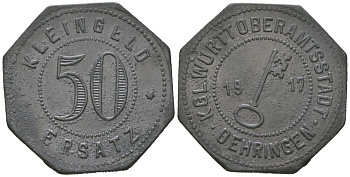 Эринген (Вюртемберг) 50 пфеннингов 1917 Funck 398.3, Men05 19694.3, Men18 24706.3 цинк 1515-335