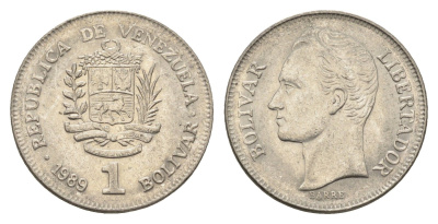 Венесуэла 1 боливар 1989 Симон Боливар, тонкий шрифт Y 52a.1 сталь плакированная никелем 4662-837