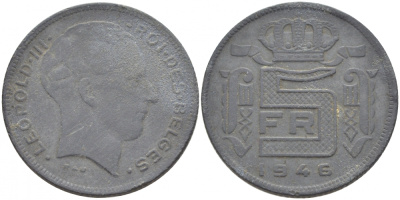 БЕЛЬГИЯ 5 ФРАНКОВ 1946 BELGES, ГЕРМАНСКАЯ ОККУПАЦИЯ, ВТОРАЯ МИРОВАЯ ВОЙНА KM 129.1 цинк 4448-1011