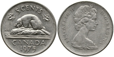 Канада 5 центов 1975 Елизавета II (1952-2022), бобр KM 60.1 никель 4543-644