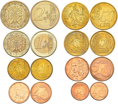 Франция евронабор из 8 монет 1999-2001 монеты в капсулах 1-4-3-37