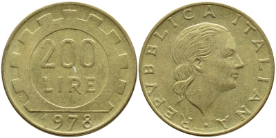 Италия 200 лир 1978 R, шестерня KM 105 алюминиевая бронза 4395-546