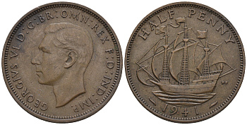 Великобритания 1/2 пенни 1941 Георг VI (1936-1952) KM 844, Spink 4115 бронза 4610-655