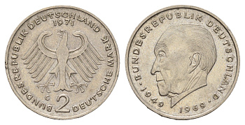 ФРГ 2 марки 1971 G, Конрад Аденауэр KM 124, J. 406 медно-никель 3459-952