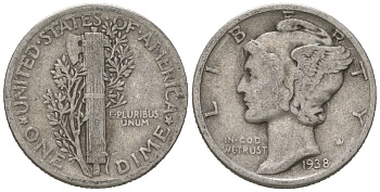 США 10 центов (дайм) 1938 KM 140 серебро 3334-1223