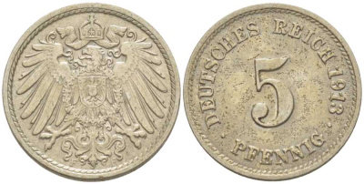 ГЕРМАНИЯ 5 ПФЕННИГОВ 1913 F KM 11, J. 12, Weege 6 медно-никель 206-1017
