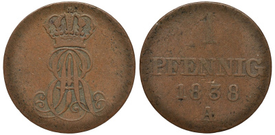 Ганновер 1 пфенниг 1838 A, Эрнст Август (1837-1851) KM 173.1, AKS 126, J. 54 медь 75-529