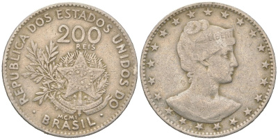 Бразилия 200 реалов 1901 MCMI, голова свободы вправо KM 504 медно-никель 4612-243