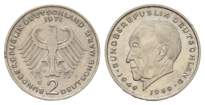 ФРГ 2 марки 1971 G, Конрад Аденауэр KM 124, J. 406 медно-никель 3459-952