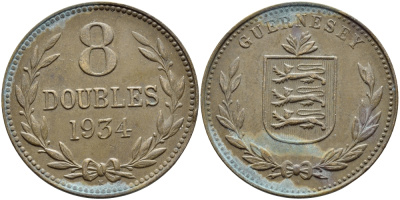 Гернси 8 даблов (дублей) 1934 H KM 14 бронза 4394-1021