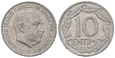 Испания 10 сентимо 1959 Франсиско Франко (1939-1975) KM 790 алюминий 4621-566