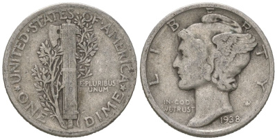 США 10 центов (дайм) 1938 KM 140 серебро 3334-1223