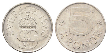 Швеция 5 крон 1988 D, Карл XVI Густав (1973- ) KM 853 медно-никель 4706-957