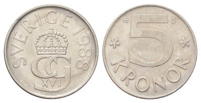 Швеция 5 крон 1988 D, Карл XVI Густав (1973- ) KM 853 медно-никель 4706-957