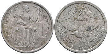 Французская Новая Каледония 2 франка 1977 птица кагу, (IEOM) KM 14, Schoen 11, Lec 58 алюминий    27-433