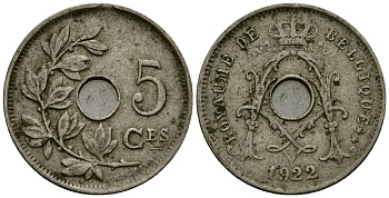 Бельгия 5 сантимов 1922 Belgique KM 66 медно-никель 4173-466