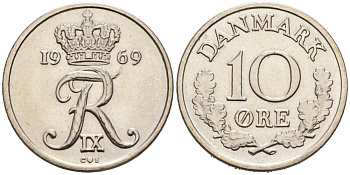 Дания 10 эре 1969 C,S, Фредерик IX (1947-1972) KM 849.1 медно-никель 4564-845