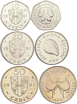 Гана набор из 3 монет (10, 20 и 50 седи) 1991 барабаны KM 29, 30 и 31 медно-никель, сталь плакированная никелем UNC 4612-1114-1115