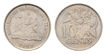 Тринидад и Тобаго 10 центов 1980 цветок гибискуса KM 31 медно-никель 4669-821