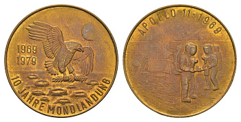 ФРГ жетон "Аполлон-11, 10 лет высадки на Луну" 1979 диаметр 30 мм, вес 9,2 гр латунь aUNC 4653-933