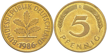 ФРГ 5 пфеннигов 1986 D KM 107 сталь плакированная латунью UNC 4613-1229