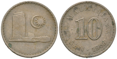 Малайзия 10 сенов 1968 KM 3 медно-никель 4579-756